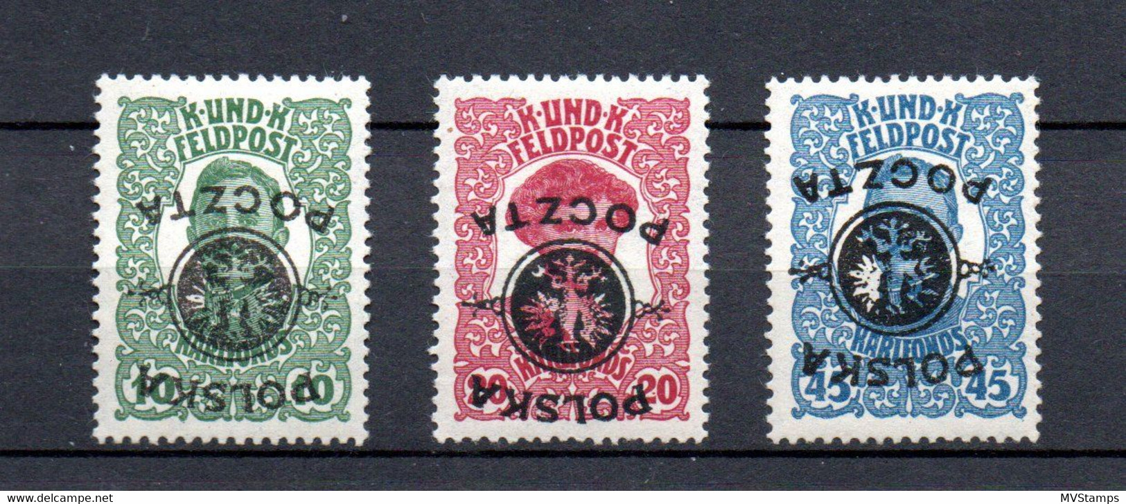 Poland 1918 Set INVERTED Overprinted Stamps (Michel 17/19 K) Nice Unused/MLH - Ungebraucht