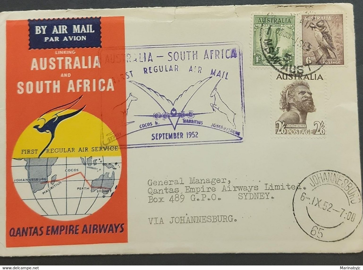 SP) 1952 AUSTRALIA, FIRST REGULAR AIR SERVICE, MAP, LINKING AUSTRALIA-SOUTH AFRICA, CIRCULATED COVER, XF - Other & Unclassified