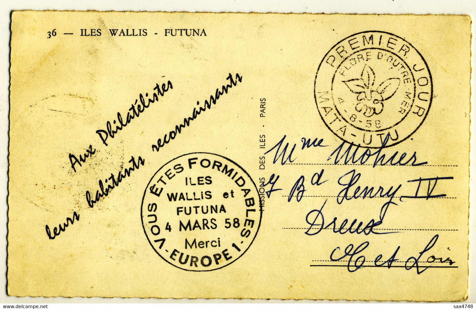 Iles Wallis - Futuna  - Premier Jour Mata-Utu ........Cachets Wallis Et Futuna 4 Mars 1958 - Merci Europe 1   2 Scans - Wallis-Et-Futuna