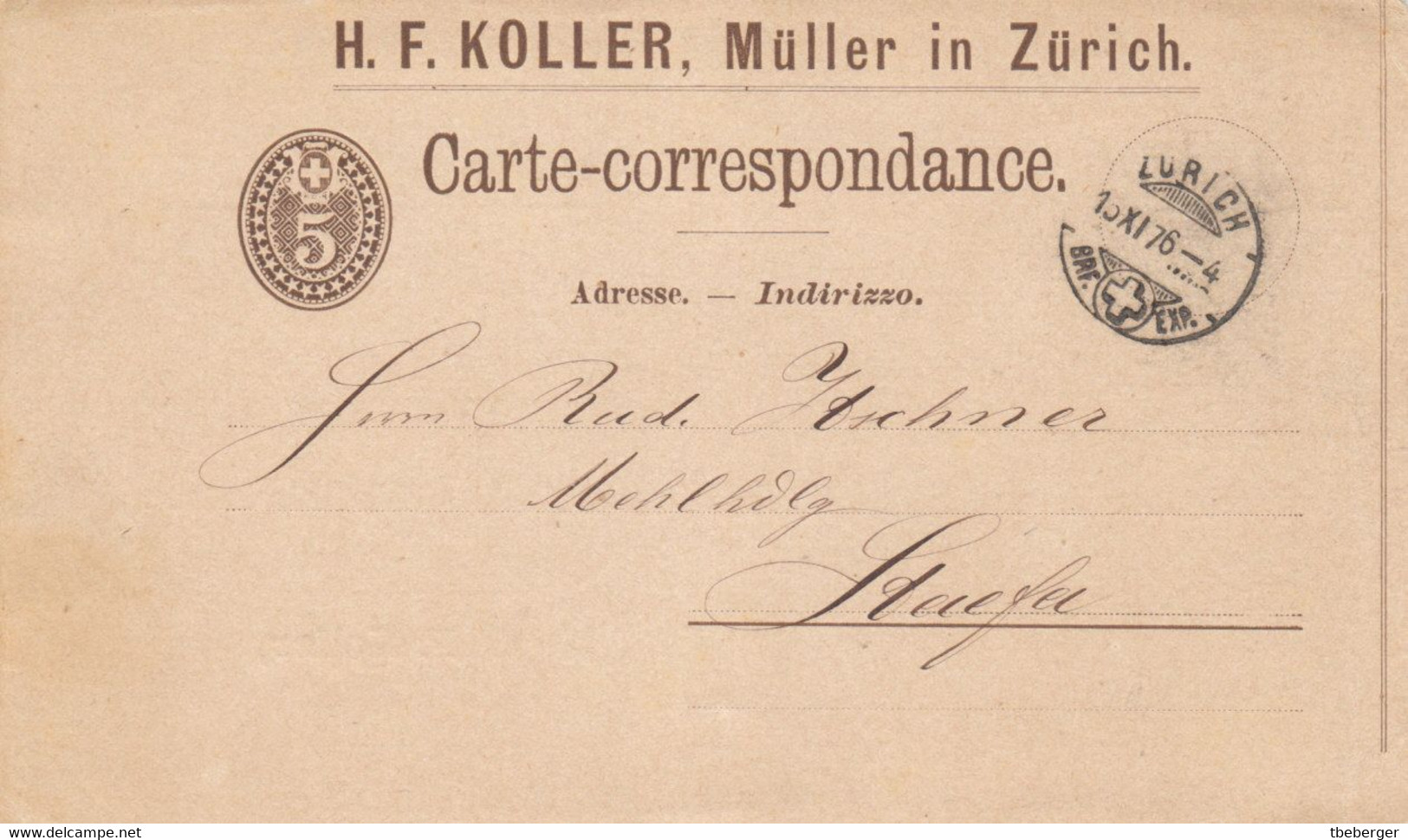 Schweiz 1876 PK9.PrD2 Sackkarte Koller Müller Zürich Nach Staefa; Baer = CHF 250 (r177) - Interi Postali