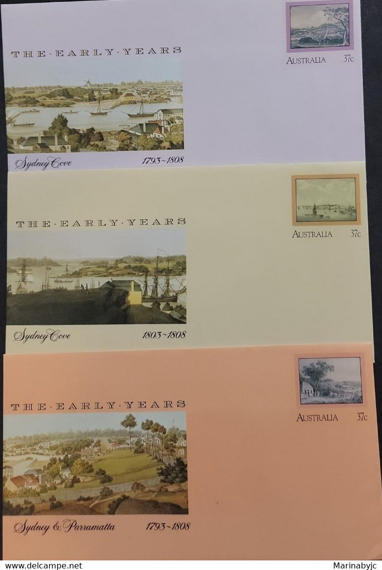 P) 1988 CIRCA AUSTRALIA, THE EARLY YEARS, SYDNEY, SET OF 3 POSTAL STATIONERY, MNH - Other & Unclassified