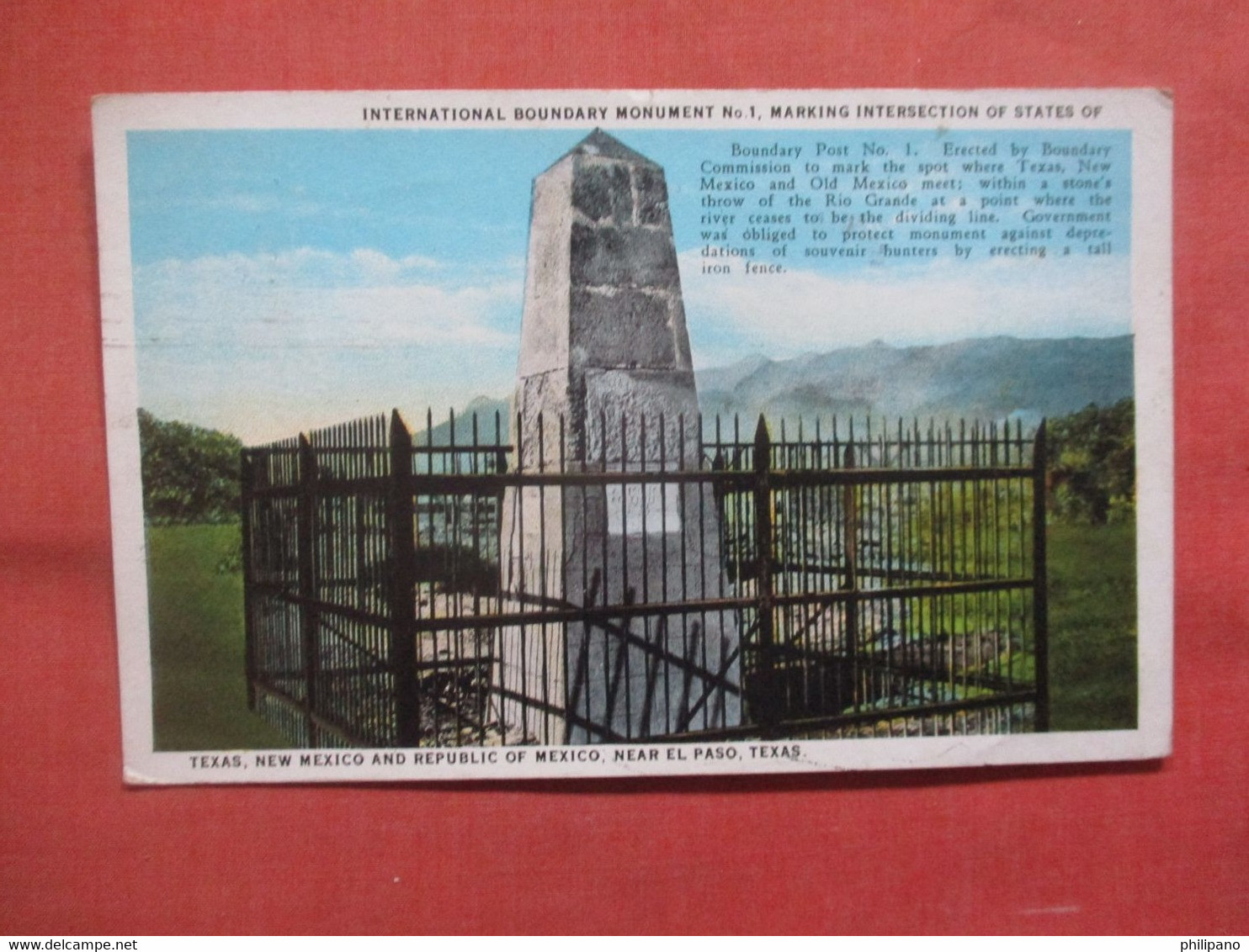 International Boundary Monument Texas NM  & Mexico Near El Paso  Texas     Ref 5426 - El Paso