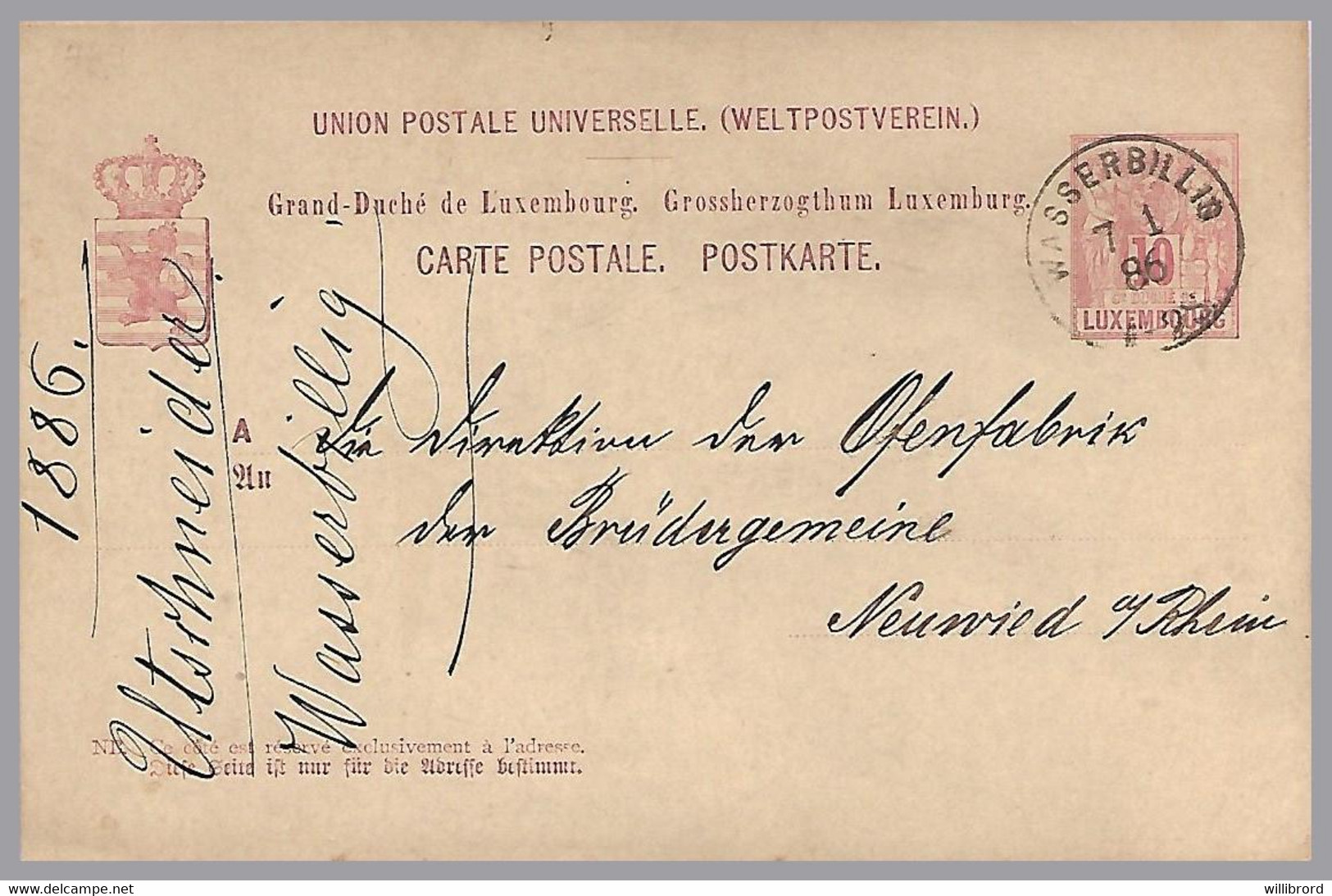 LUXEMBOURG - Wasserbillig Cds - T31 1886 - 10c Allegory Postal Card To Germany - 1882 Allegorie