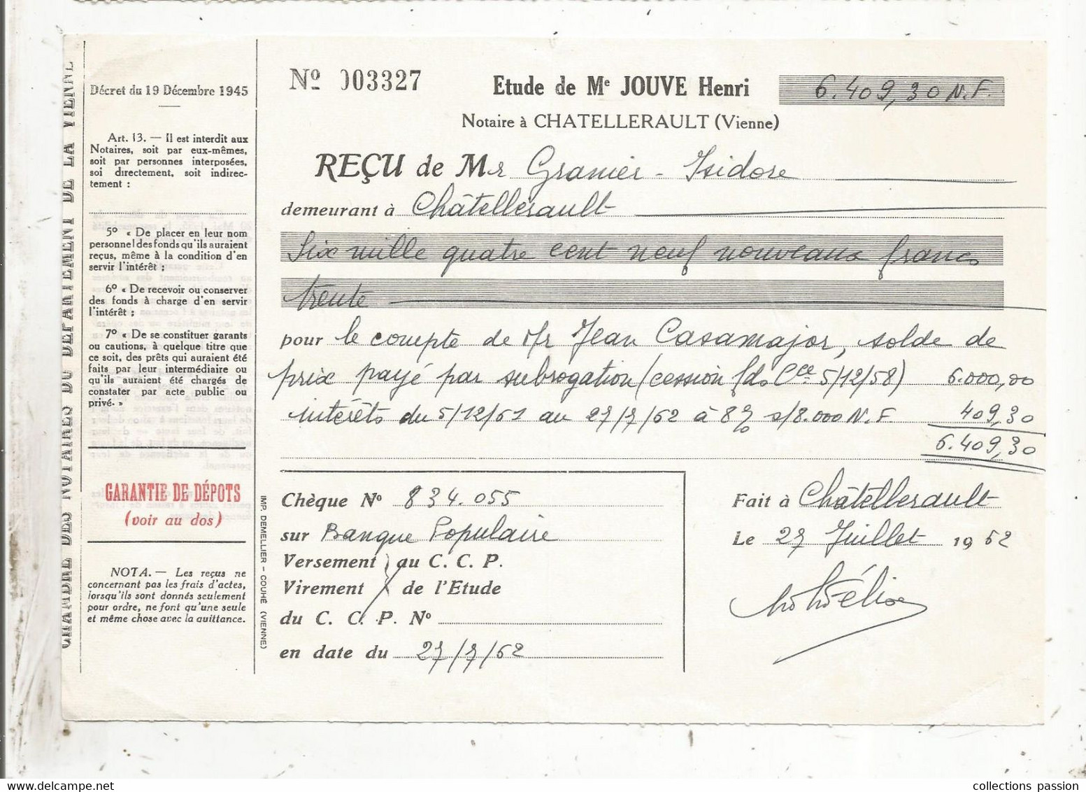 Reçu, étude De Me JOUVE Henri , Notaire à Chatellerault ,Vienne ,1962 ,2 Scans, Frais Fr 1.65e - 1950 - ...