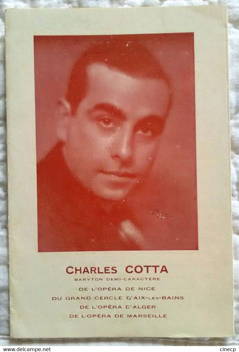 PETIT DEPLIANT ANCIEN PUBLICITE CHARLES COTTA CHANTEUR BARYTON OPERA NICE MARSEILLE ALGER REPERTOIRE - Toebehoren En Hoezen