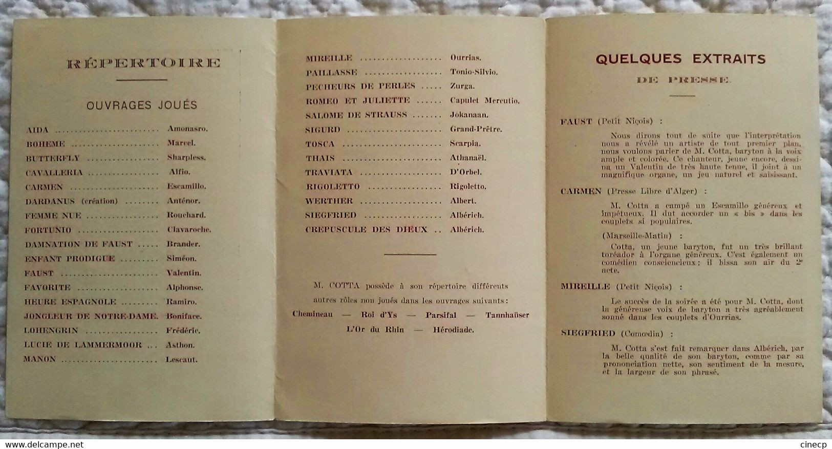 PETIT DEPLIANT ANCIEN PUBLICITE CHARLES COTTA CHANTEUR BARYTON OPERA NICE MARSEILLE ALGER REPERTOIRE - Accesorios & Cubiertas