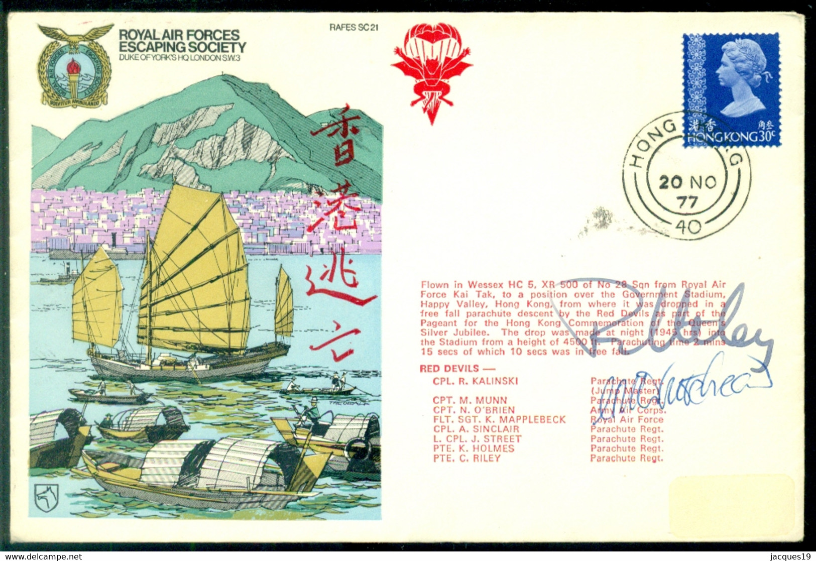 Hong Kong 1977 Special Signed Cover Royal Air Force Escaping Society With Description Inside Cover - Briefe U. Dokumente