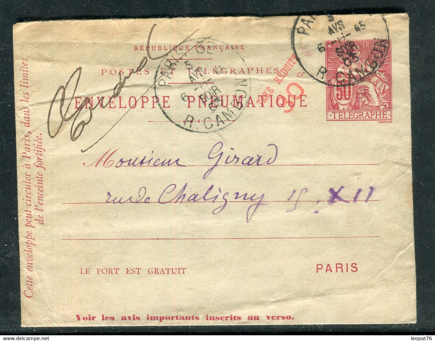 Pneumatique ( Enveloppe ) Surchargé Taxe Réduite 30ct De Paris Pour Paris En 1903 - Réf J 27 - Rohrpost