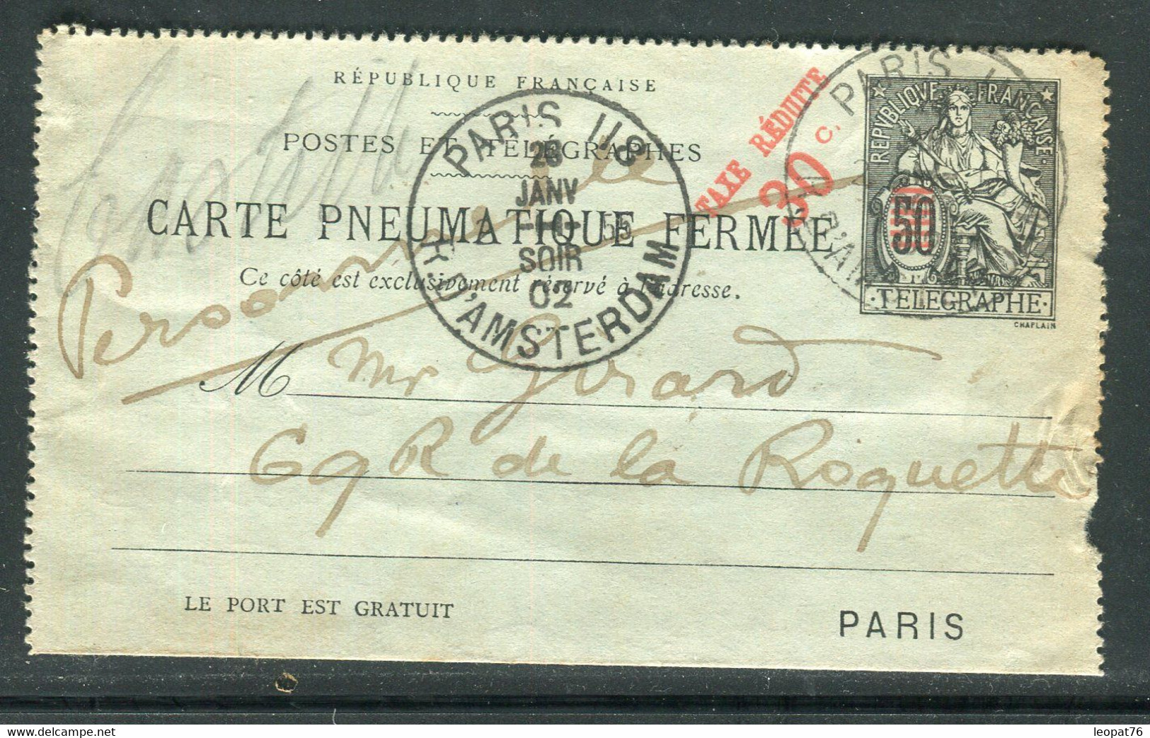 Pneumatique ( Carte Lettre) Surchargé Taxe Réduite 30ct De Paris Pour Paris En 1902 - Réf J 28 - Pneumatische Post