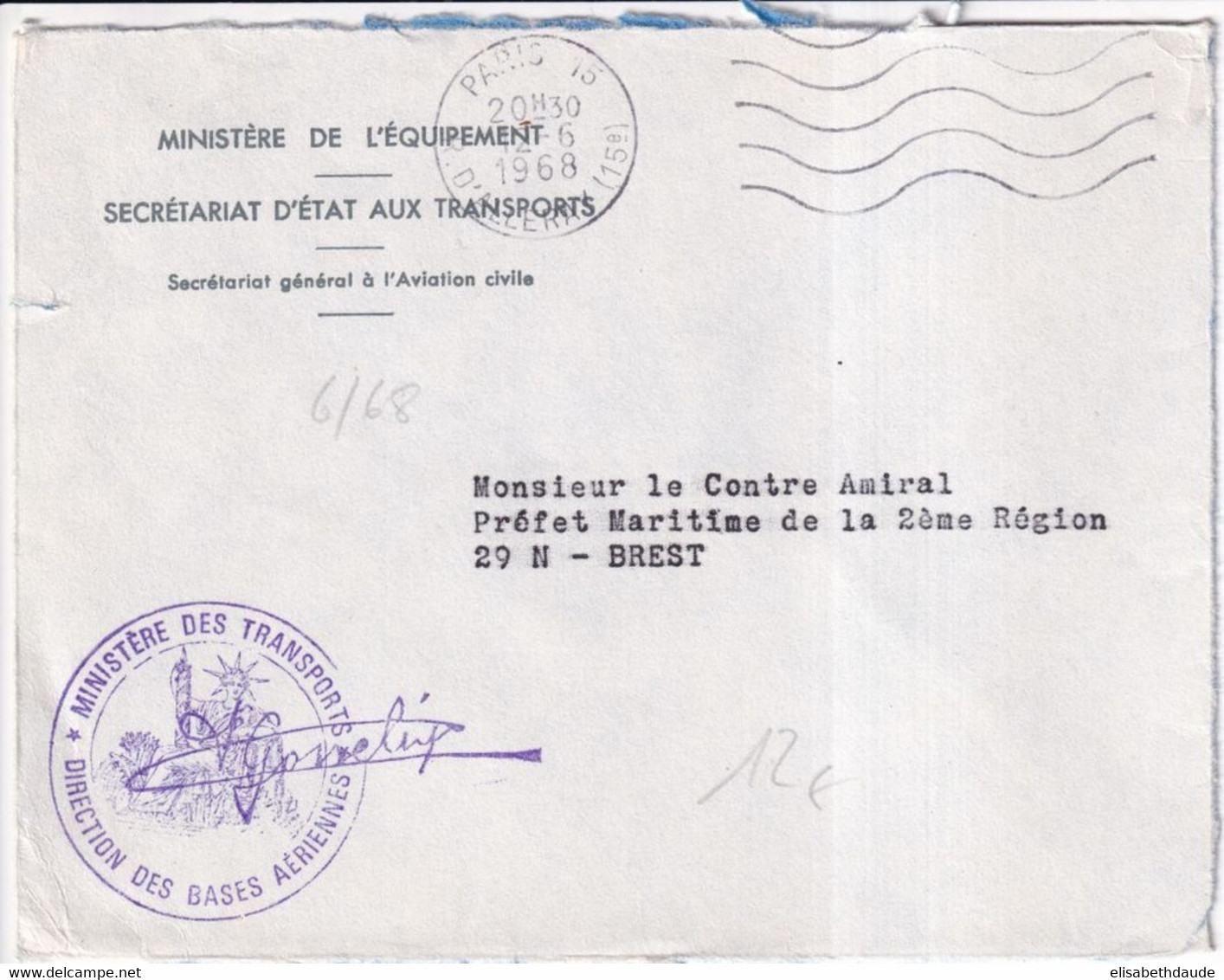 1968 - DIRECTION DES BASES AERIENNES - ENVELOPPE Du SECRETARIAT AVIATION CIVILE => BREST - Military Postmarks From 1900 (out Of Wars Periods)