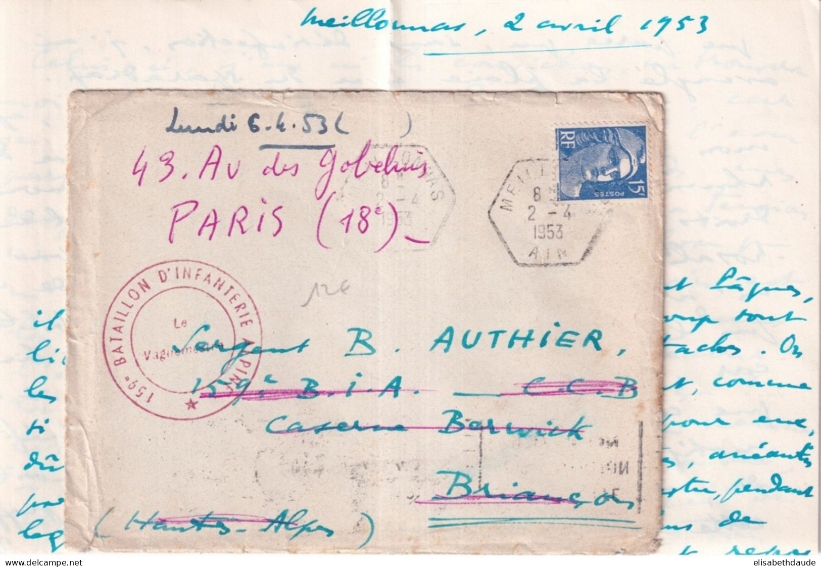 1953 - ENV. De MEILLONNAS (AIN) CACHET HEXAGONAL => 159° BATAILLON INTANTERIE ALPINE à BRIANCON => PARIS - Military Postmarks From 1900 (out Of Wars Periods)