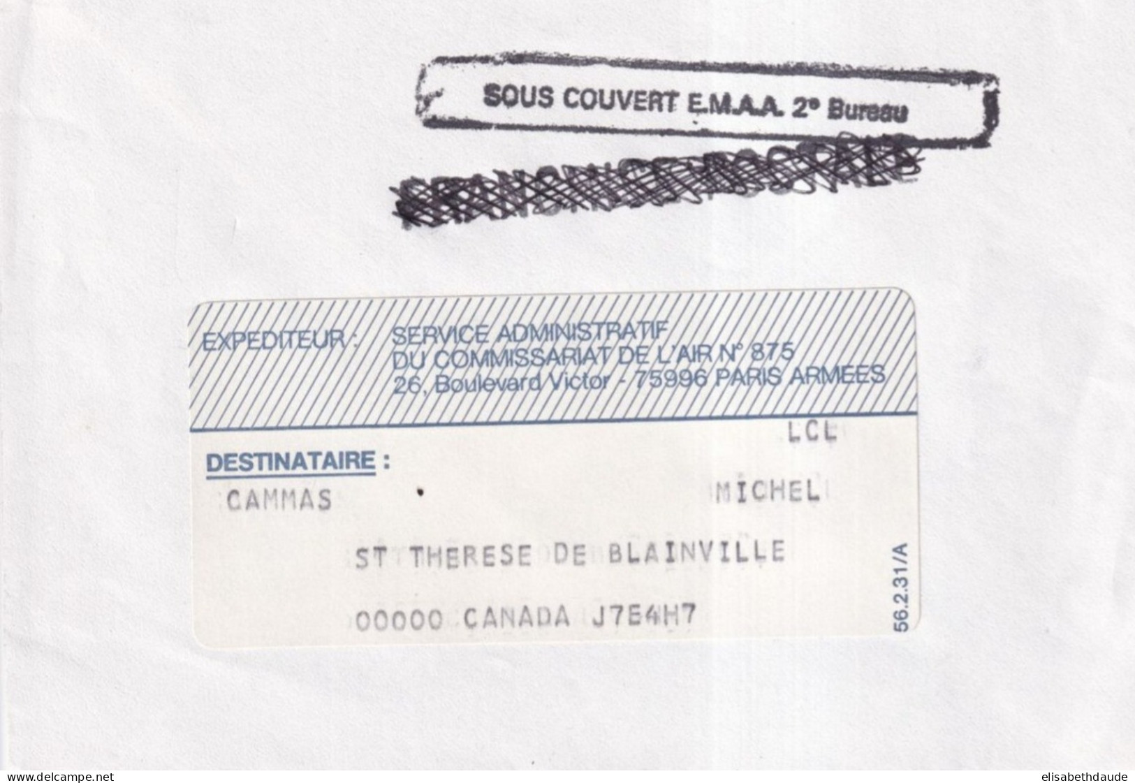 ENVELOPPE FRANCHISE Du COMMISSARIAT DE L'AIR "SOUS COUVERT EMAA 2° BUREAU" ! => STE THERESE DE BLAINVILLE (CANADA) !! - Bolli Militari A Partire Dal 1900 (fuori Dal Periodo Di Guerra)