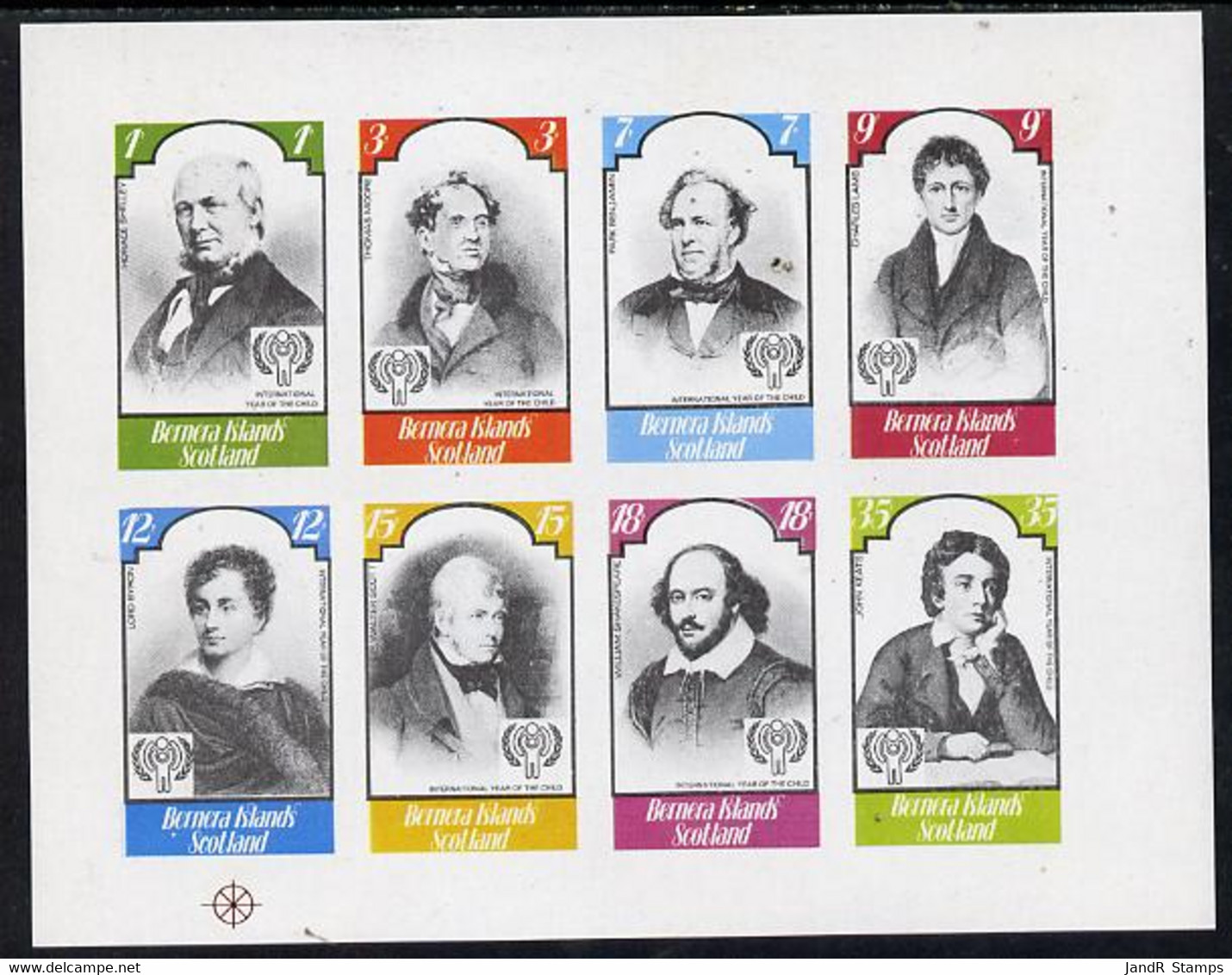 Bernera 1979 Int Year Of The Child - Writers (Shelley, Byron, Scott, Shakespeare, Keats Etc) Imperf  Set Of 8 Values (1p - Local Issues