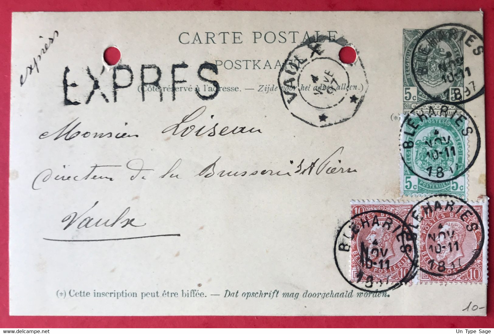 Belgique Entier (5c. Vert) + Complément - Cachet BLEHARIES 4 NOV 1897 + Griffe EXPRES, Pour Vaulx - (A027) - Postmarks - Points