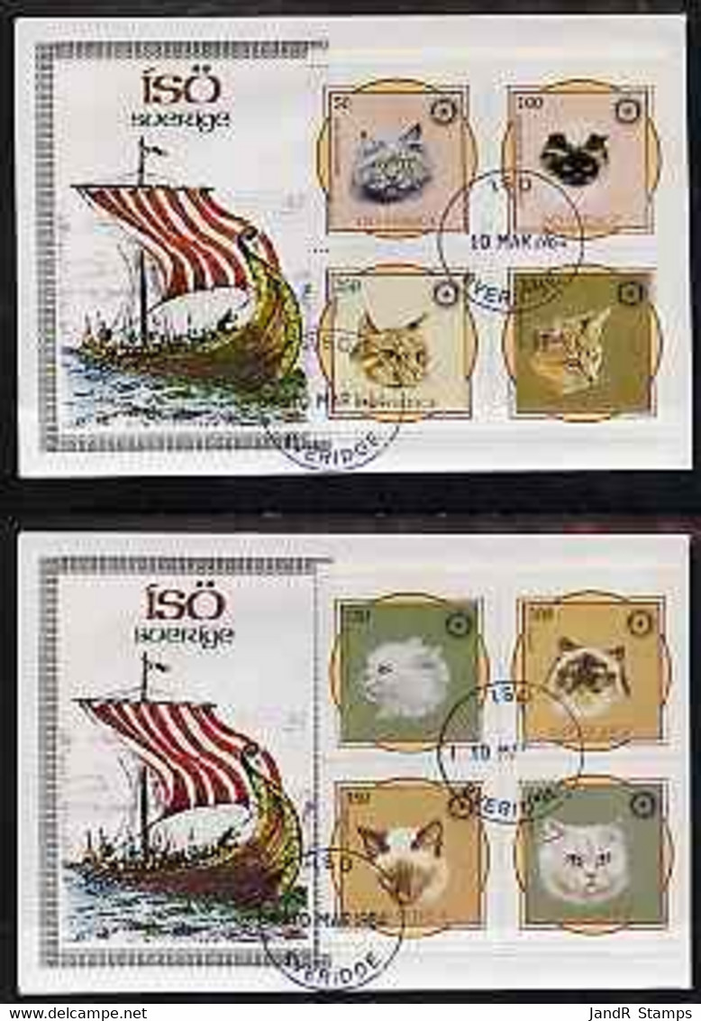 Iso - Sweden 1984 Rotary - Domestic Cats Perf Set Of 8 Values On Two Covers With First Day Cancels - Emissions Locales