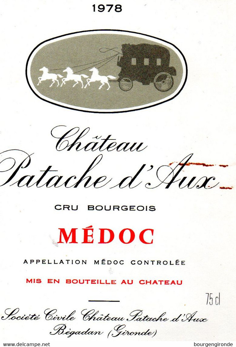 Etiquette Vin Wine Label Cheval Horse Pferd Caballo Cavallo Blanc Fer Attelage Chateau Patache D Aux 1978 Medoc - Horses