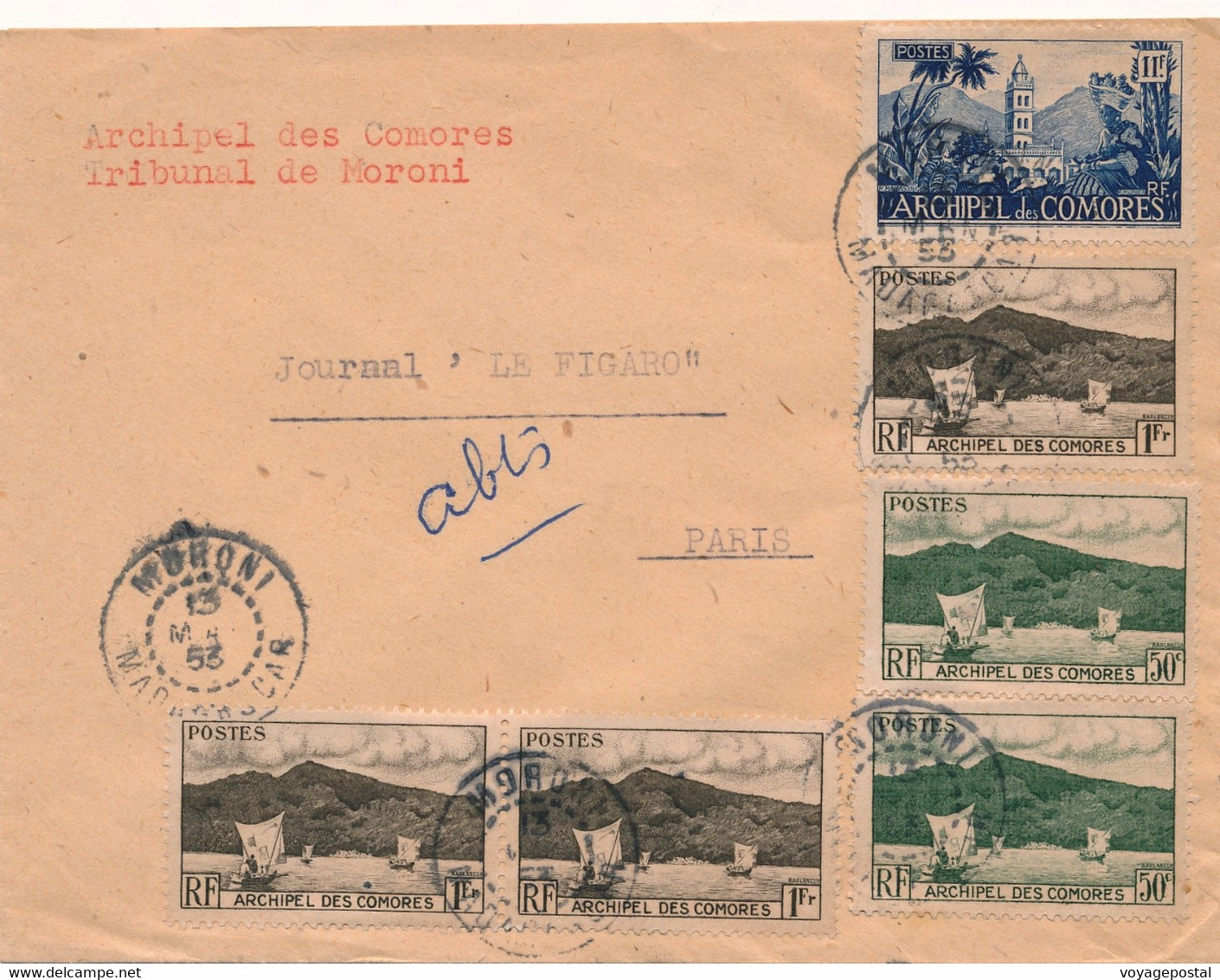 LETTRE ARCHIPEL DES COMORES TRIBUNAL DE MORINI PARIS 1953 COVER - Covers & Documents