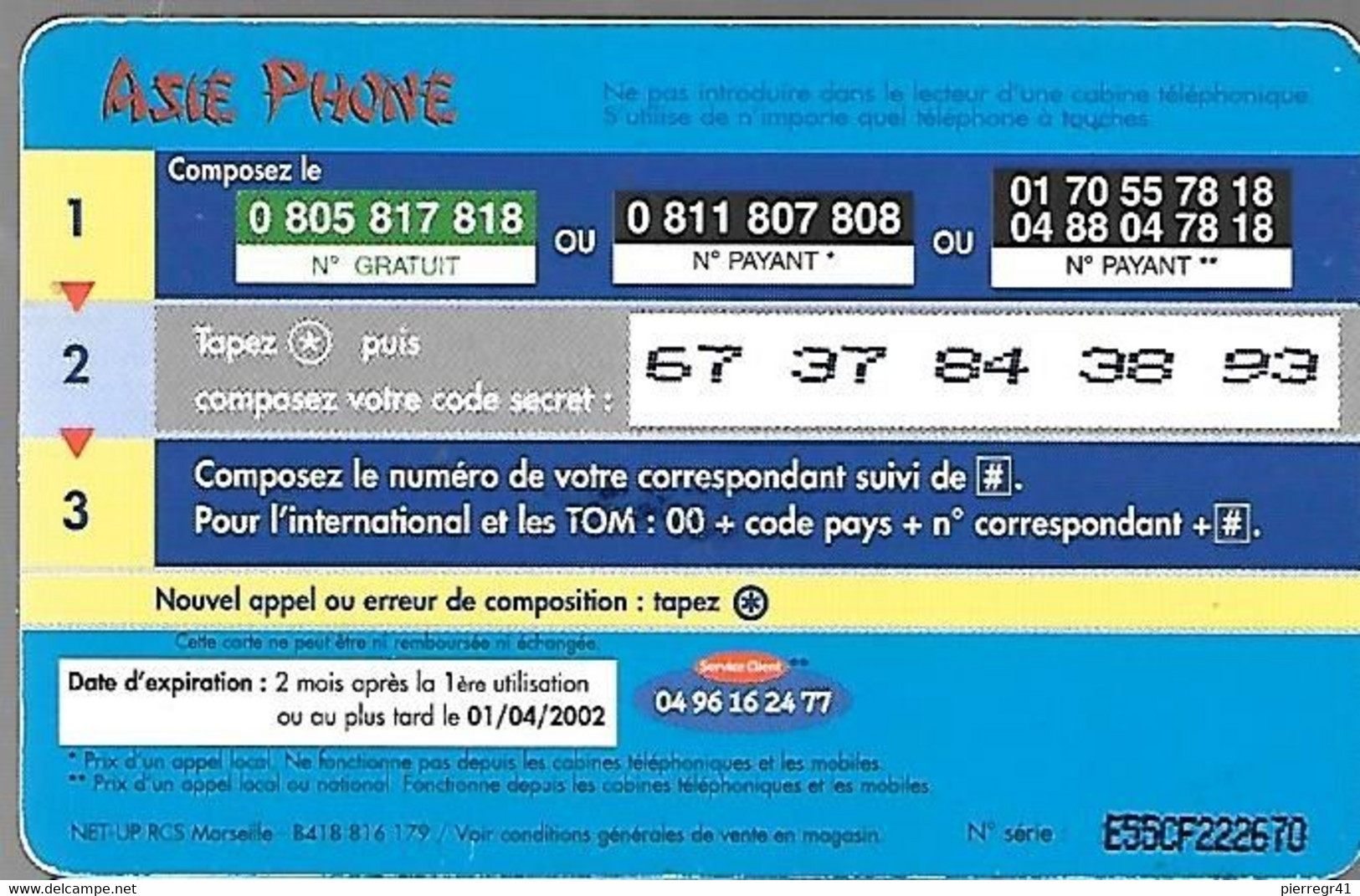 CARTE-PREPAYEE-ASIE PHONE-100U-DAUPHINS-01/04 /2002-V° Code Sur Fond Blanc-Gratté-T BE- - Delphine