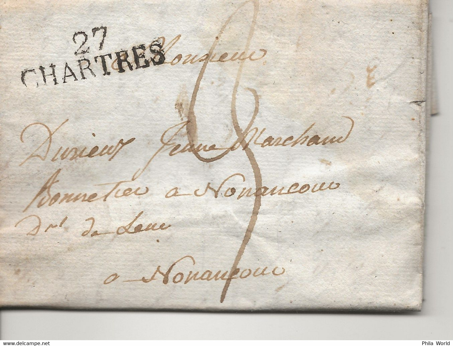 LAC 1818 Marque Postale Linéaire 27 CHARTRES Eure Et Loir Pour NONANCOURT EURE Taxe Décimes - 1801-1848: Precursors XIX