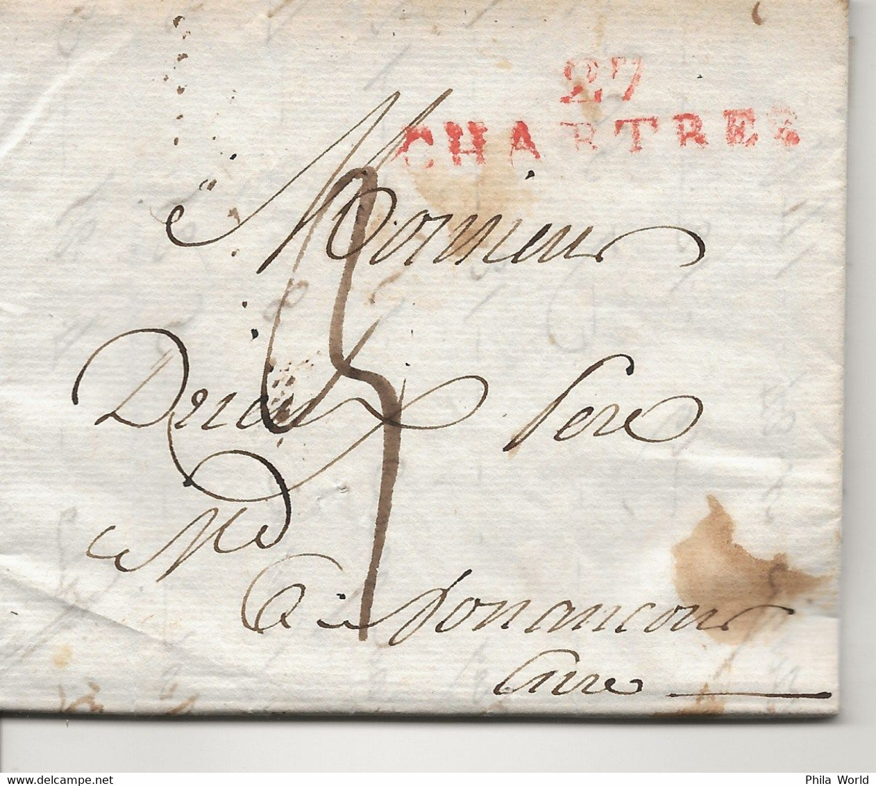 LAC 1812 Marque Postale Linéaire 27 CHARTRES Rouge Eure Et Loir Pour NONANCOURT EURE Taxe Décimes - 1801-1848: Precursors XIX