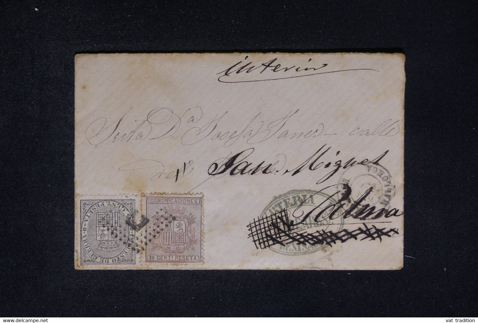 ESPAGNE - Enveloppe Des Baléares Pour Palma En 1874, Affranchissement Avec Timbre Impôt De Guerre - L 114353 - Storia Postale
