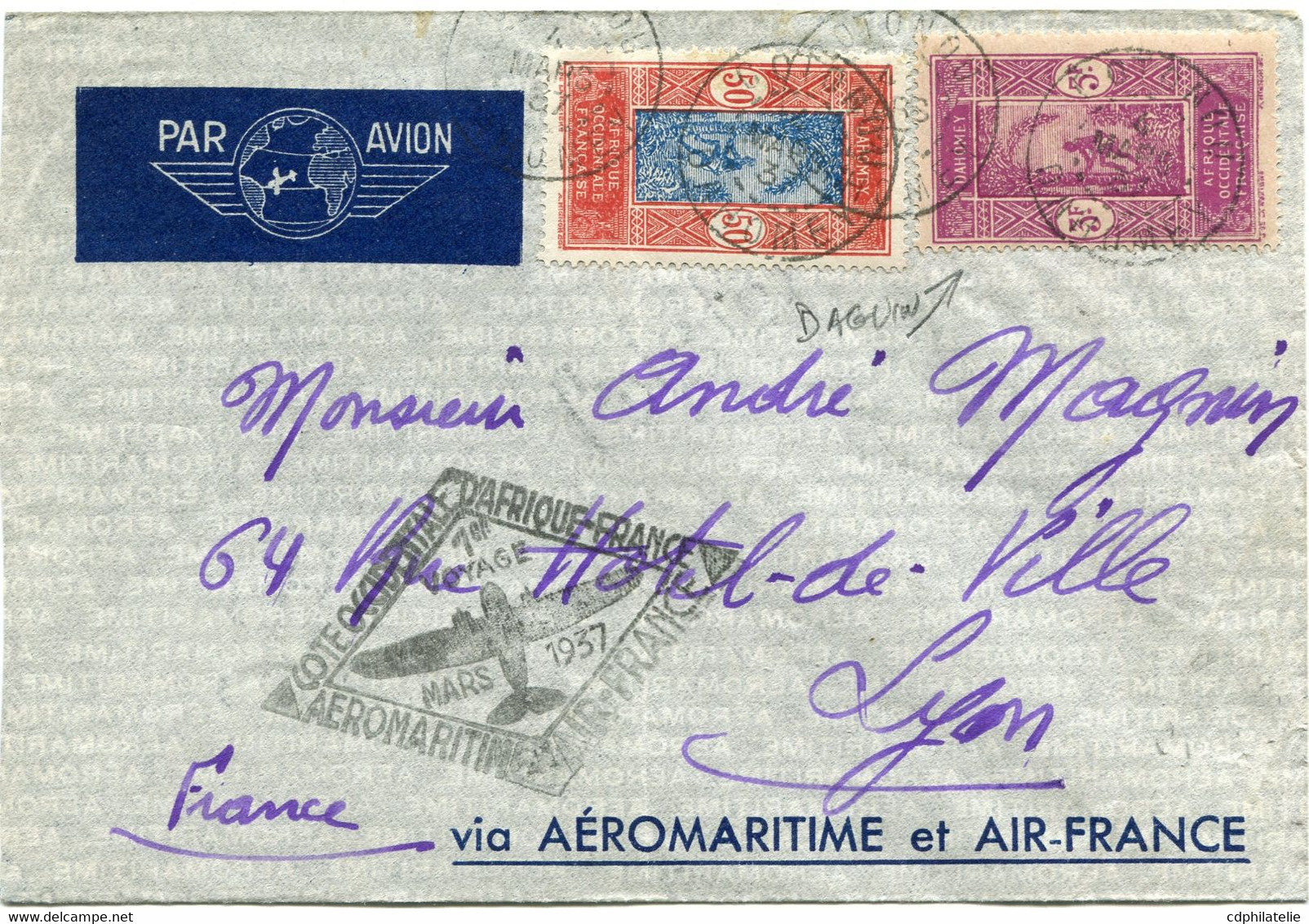 DAHOMEY LETTRE PAR AVION AVEC CACHET " ......1er VOYAGE MARS 1937....." DEPART COTONOU 4 MARS 37 POUR LA FRANCE - Storia Postale