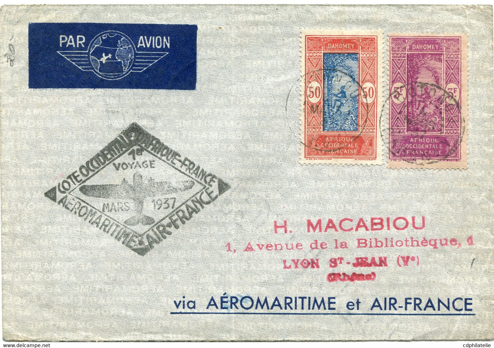 DAHOMEY LETTRE PAR AVION AVEC CACHET " ......1er VOYAGE MARS 1937....." DEPART COTONOU 4 MARS 37 POUR LA FRANCE - Storia Postale