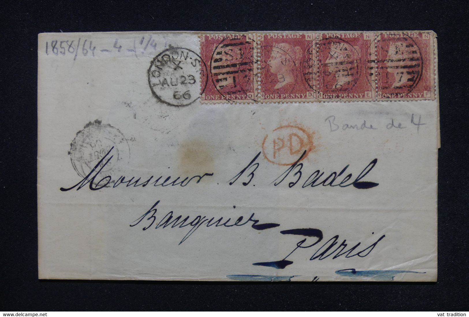 ROYAUME UNI - Victoria 1p En Bande De 4 Sur Lettre De Londres Pour Paris En 1866  - L 114363 - Cartas