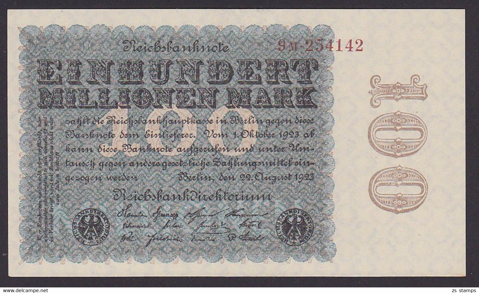 Reichsbanknote 100 Millionen Mark 22. 8. 23 Serie 9M Deutsches Reich Inflation - 100 Miljoen Mark