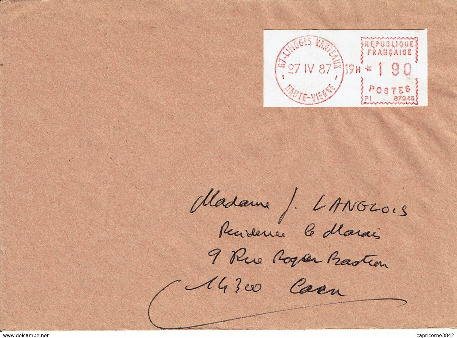 1987 - Vignette De Guichet De Machine De La CAMP Type P1 De LIMOGES VANTEAUX - Storia Postale