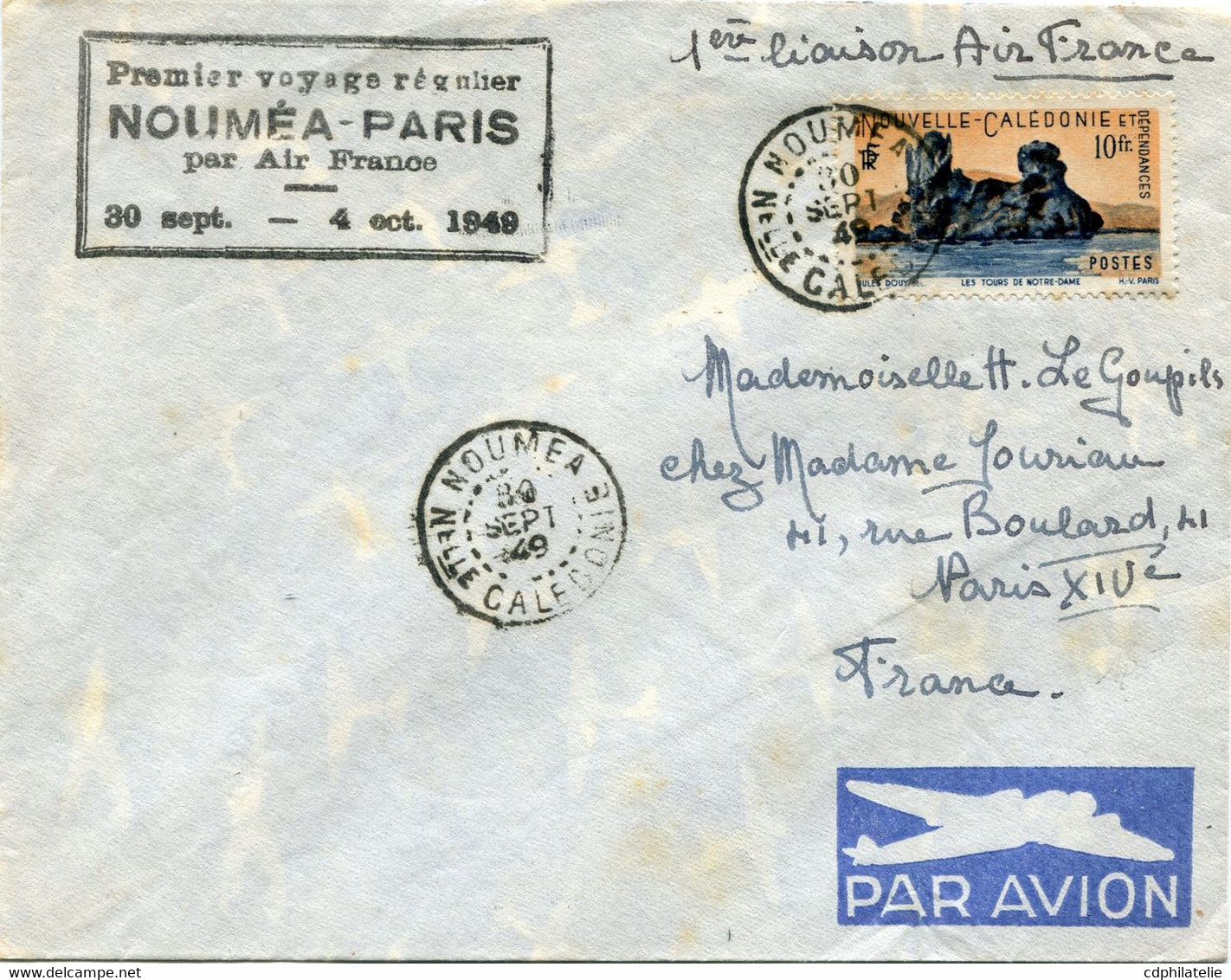 NOUVELLE-CALEDONIE LETTRE PAR AVION AVEC CACHET "PREMIER VOYAGE REGULIER NOUMEA-PARIS PAR AIR FRANCE 30 SEPT-4 OCT 1949" - Storia Postale