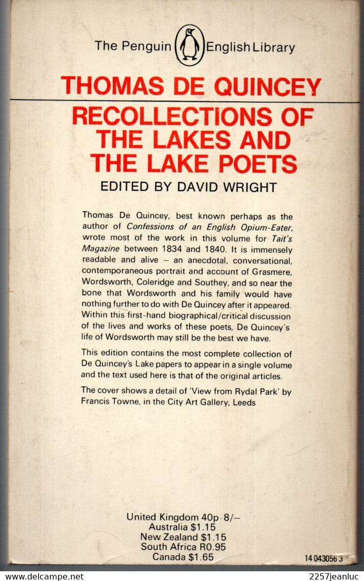 Thomas De Quincey - Recollections Of The Lakes And The Lake Poets -The Penguin 1970 - Sonstige & Ohne Zuordnung