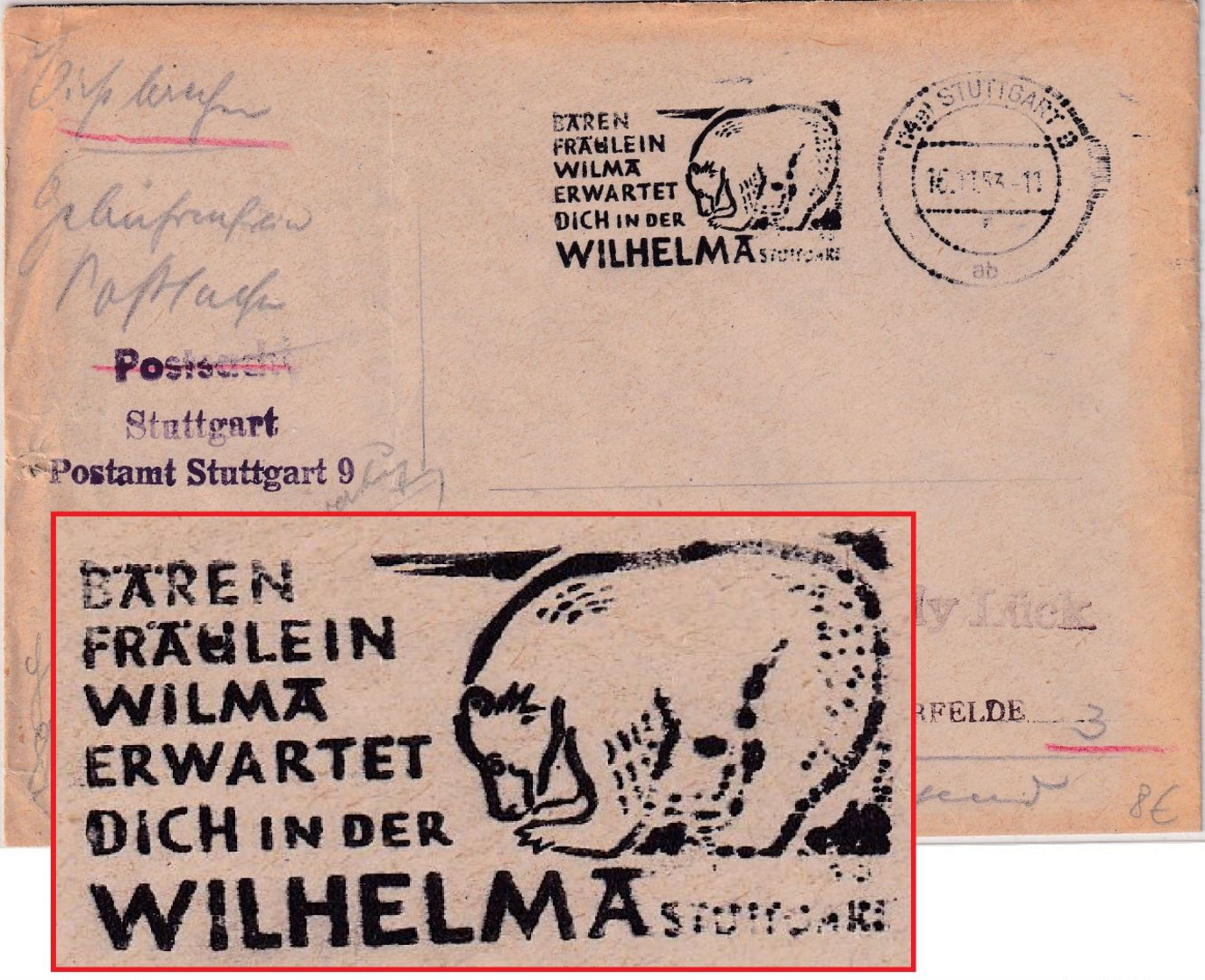 BRD - Stuttgart 1953 "Bären-Fräulein Wilma..." Maschinenwerbestempel Postsache - Bären