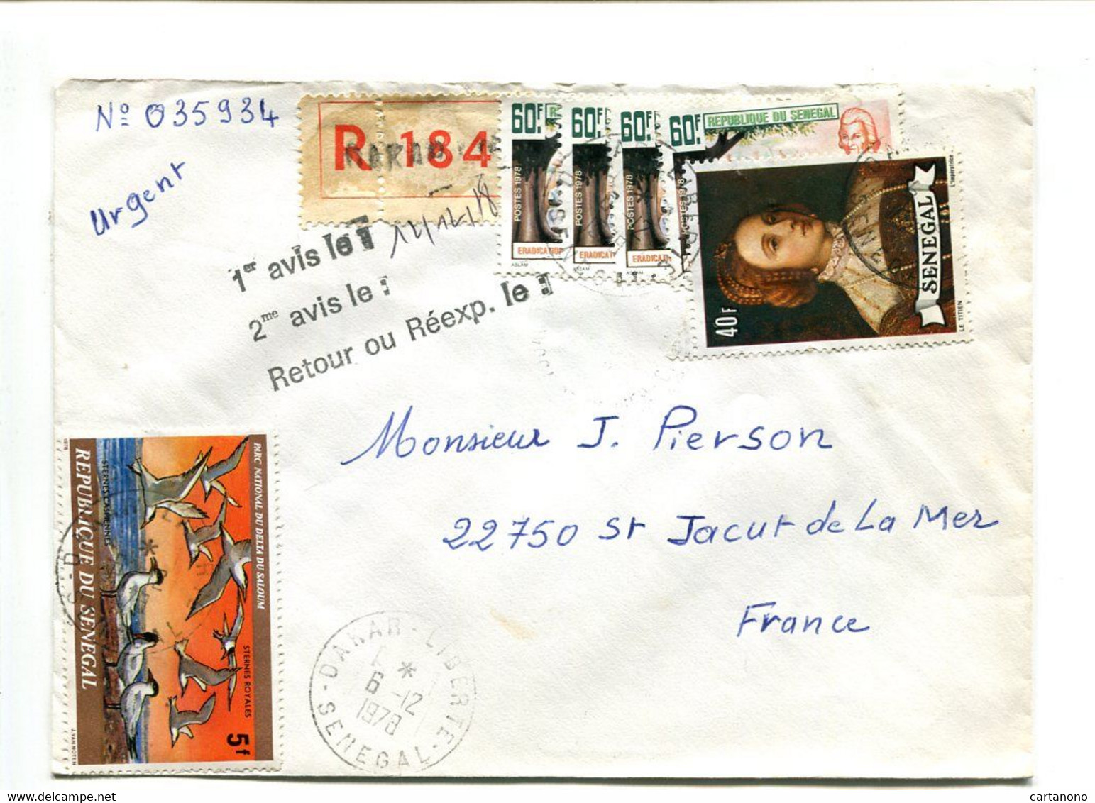 SENEGAL 1978 - Affranchissement Sur Lettre Recommandée - Oiseaux / Peinture Le Titien - Sénégal (1960-...)