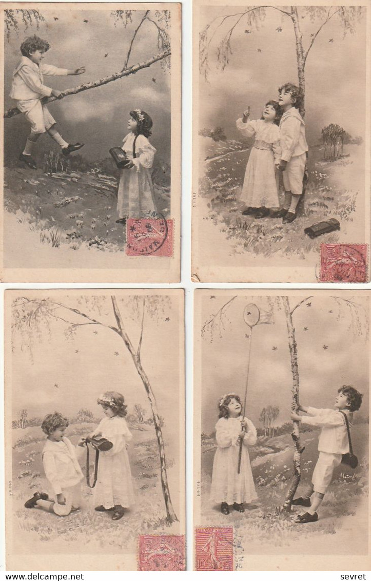Série De 4 Cartes Représentant Un Couple  D'Enfants S'amusant à Chasser Les Papillons - Collections, Lots & Series