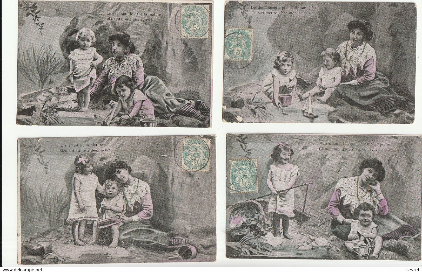 Série Complète De 6 Cartes Représentant  Une Maman Et Ses Deux Enfants Au Bord De La Mer - Collections, Lots & Series