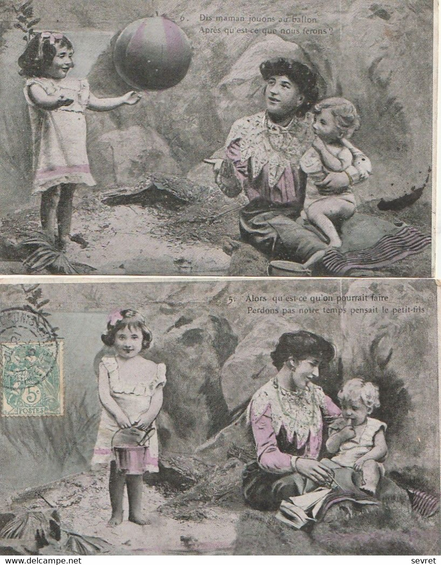 Série Complète De 6 Cartes Représentant  Une Maman Et Ses Deux Enfants Au Bord De La Mer - Collections, Lots & Series