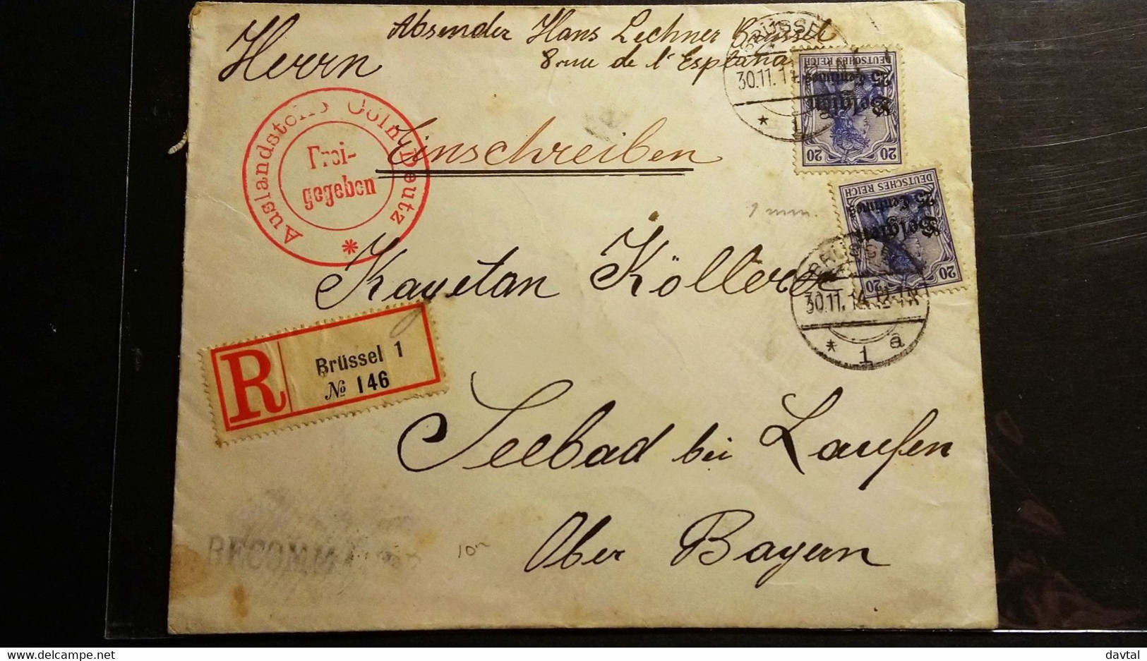 OC 4 X2 Op Brief " Recommandé " " Bruxelles - Laufen " 1914 - Deutsche Besatzung