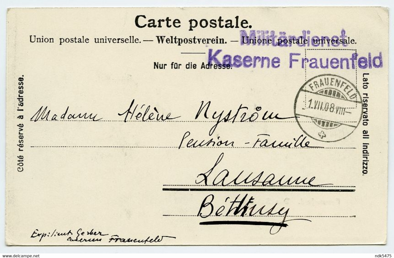 LA SUISSE : FRAUENFELD - DAS SCHLOSS / CACHET - KASERNE MILITARDIENST / ADRESSE - LAUSANNE, BETHUSY, (NYSTROM) - Frauenfeld