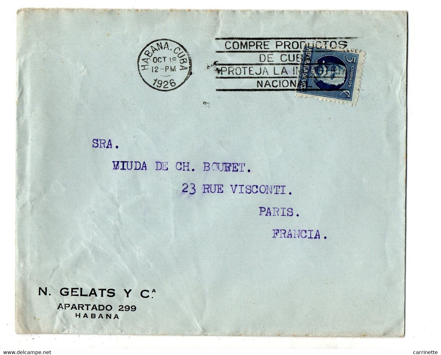 CUBA - LSC - N. GELATS Y Cia à Habana Pour Paris En 1926 - Cartas & Documentos
