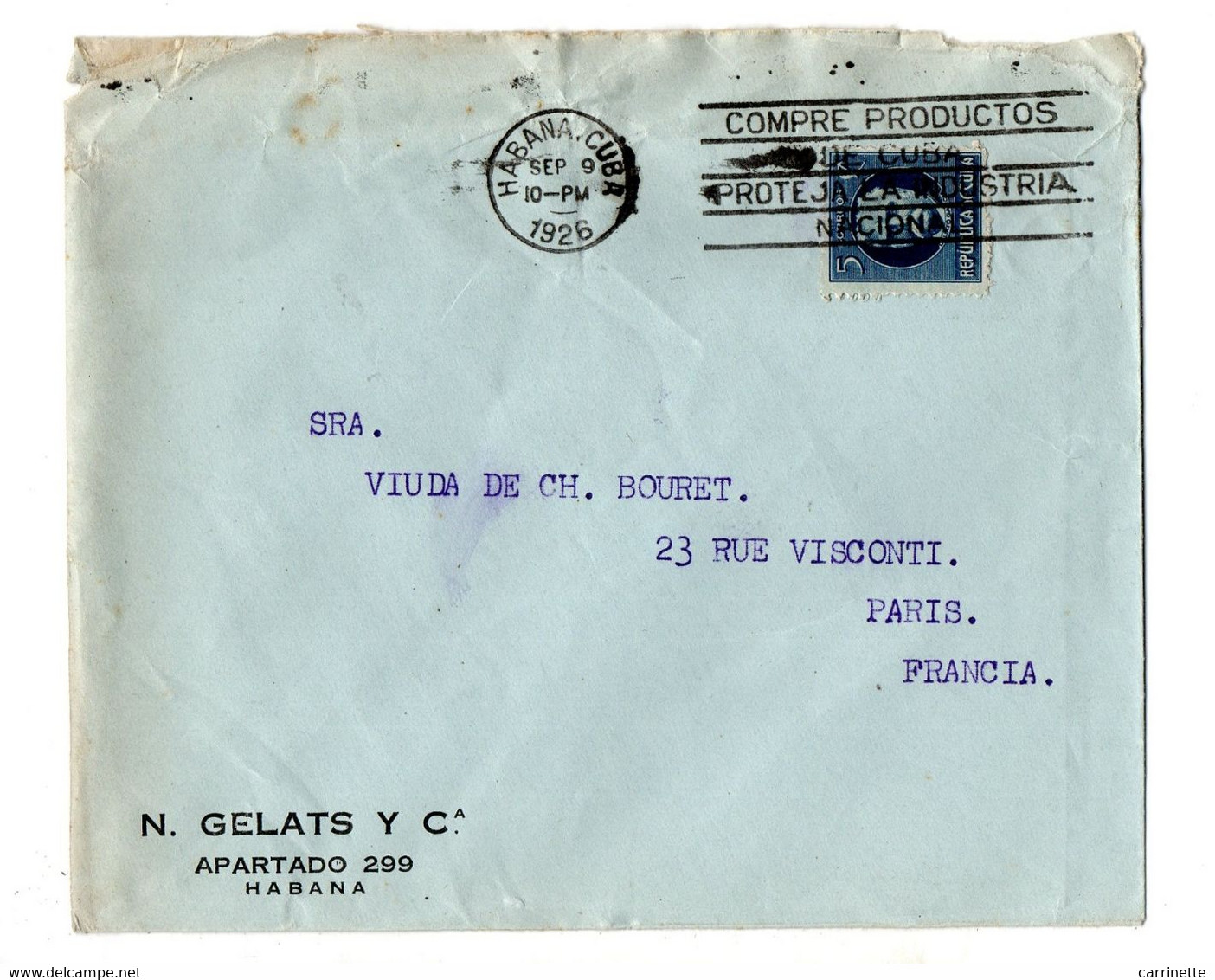 CUBA - LSC - N. GELATS Y Cia à Habana Pour Paris En 1926 - Brieven En Documenten