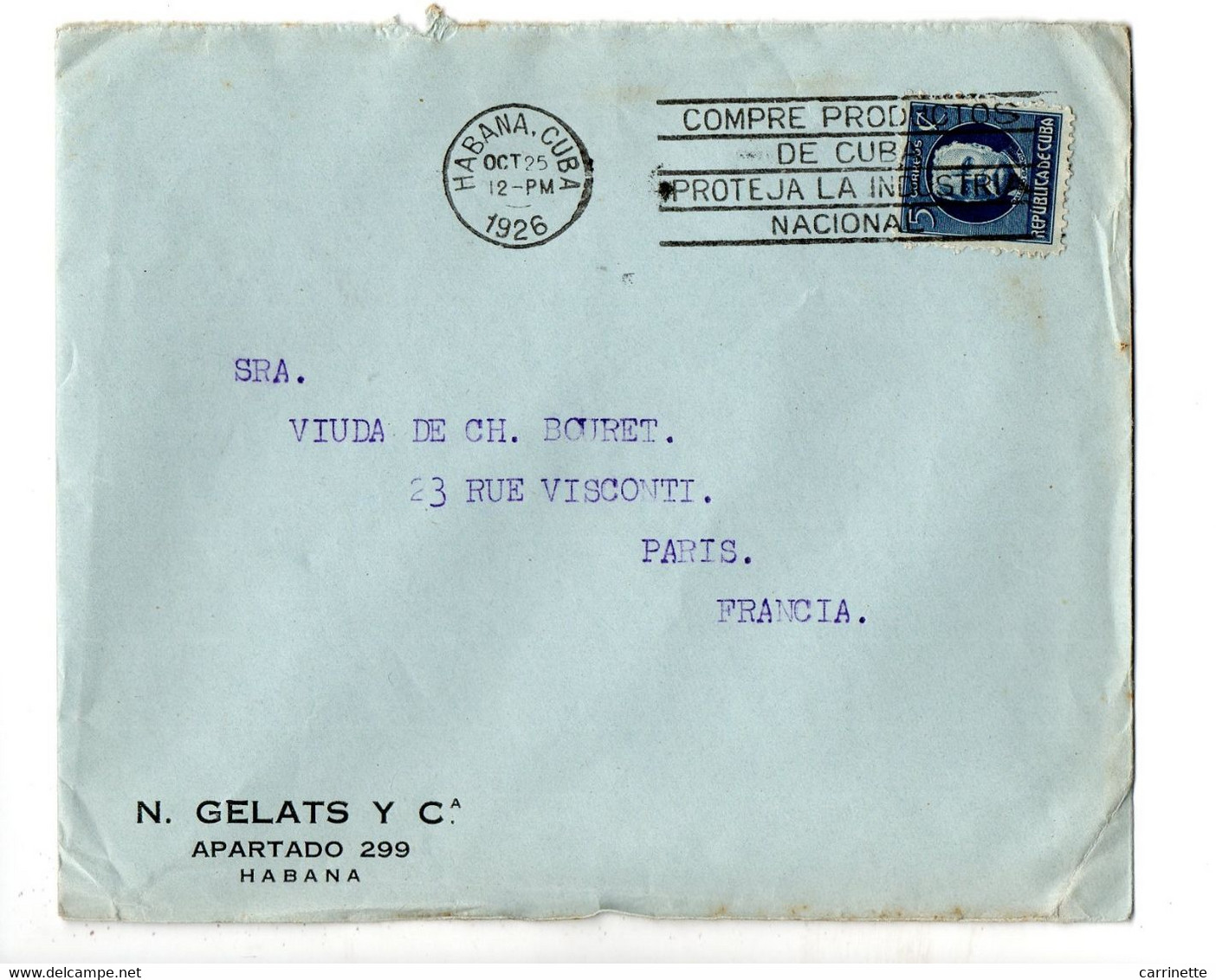 CUBA - LSC - N. GELATS Y Cia à Habana Pour Paris En 1926 - Covers & Documents