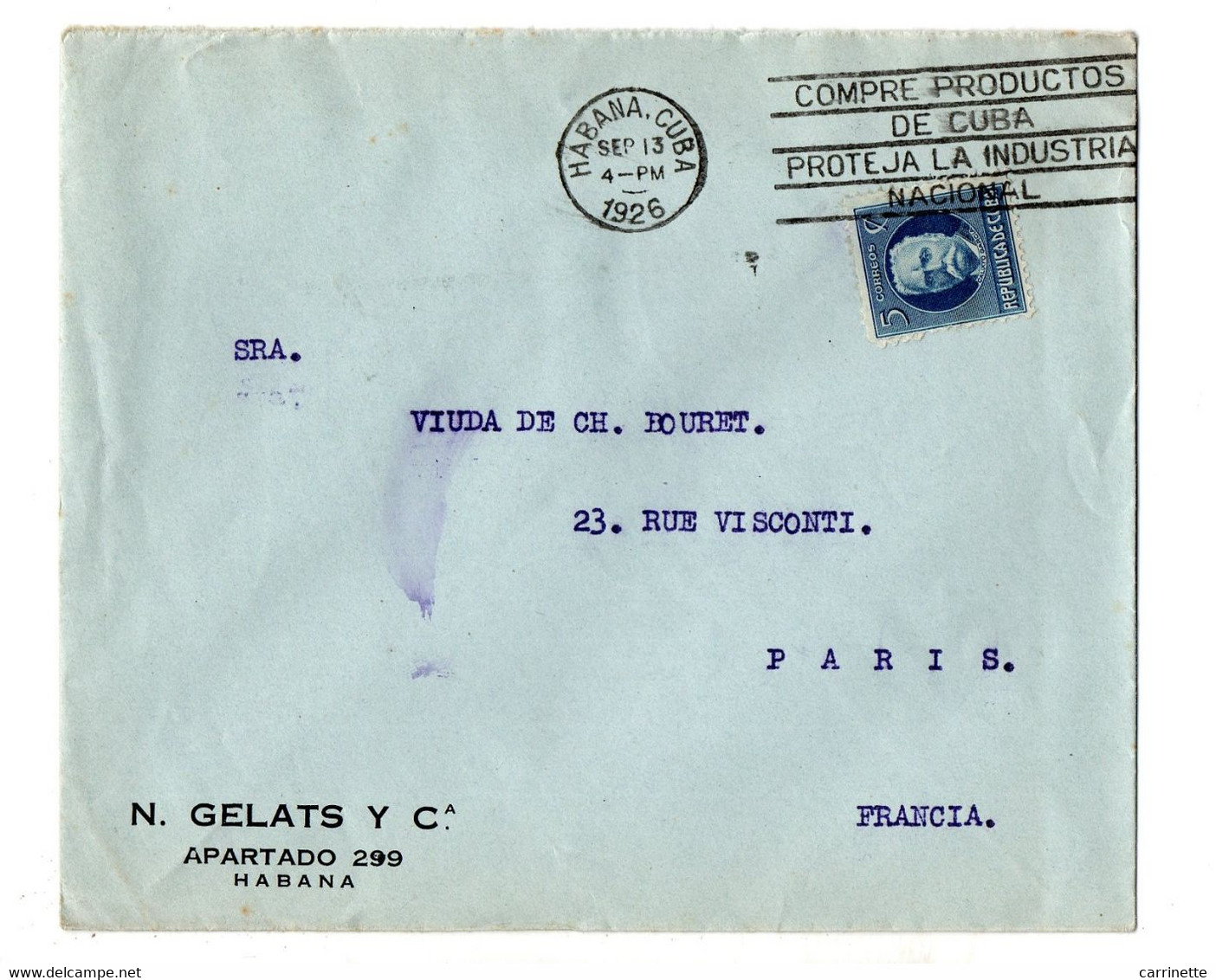 CUBA - LSC - N. GELATS Y Cia à Habana Pour Paris En 1926 - Cartas & Documentos