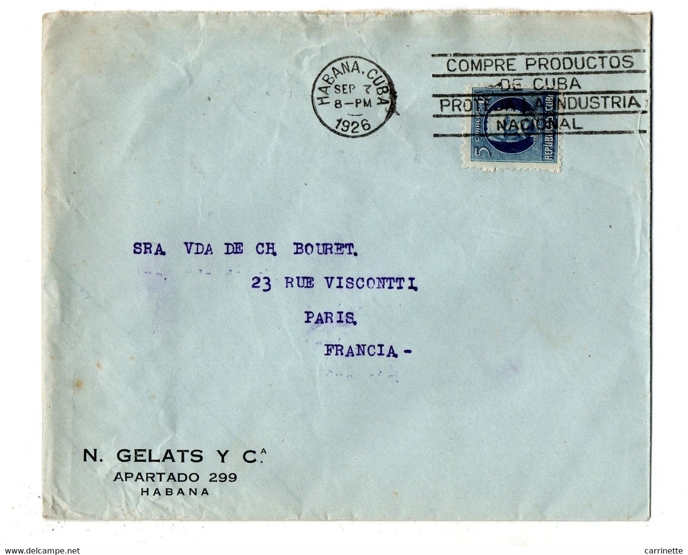 CUBA - LSC - N. GELATS Y Cia à Habana Pour Paris En 1926 - Briefe U. Dokumente