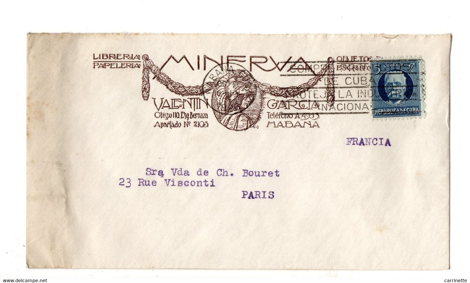 CUBA - LSC - Libreria MINERVA VALENTIN GARCIA à Habana Pour Paris En 1926 - Lettres & Documents