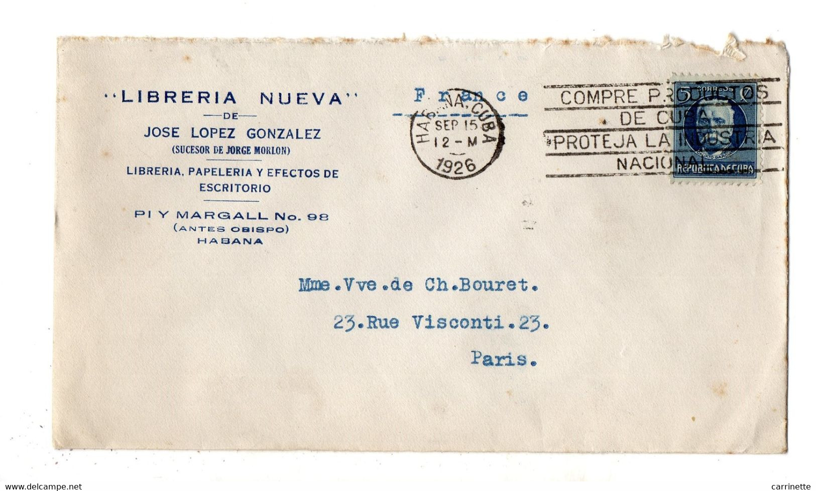 CUBA - LSC - Libreria Nueva JOSE LOPEZ GONZALEZ à Habana Pour Paris En 1926 - Briefe U. Dokumente