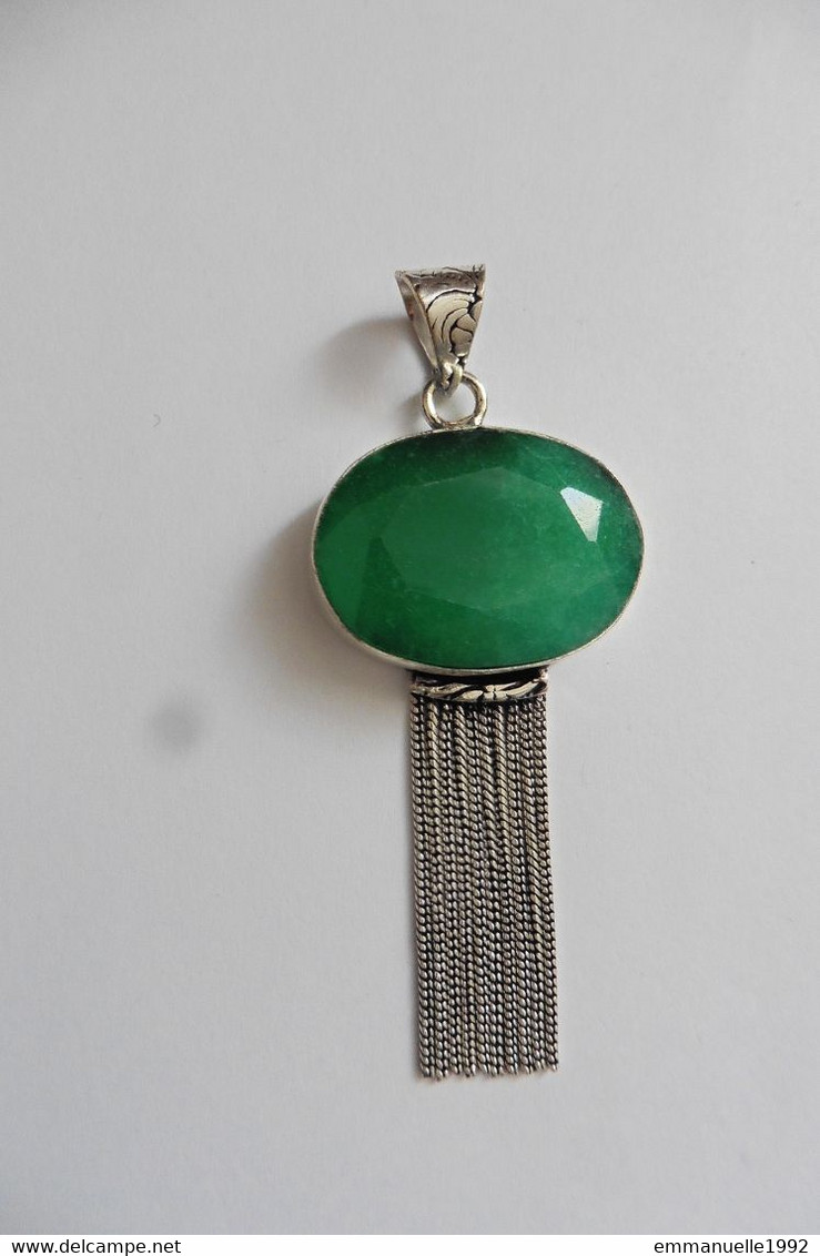 Neuf - Superbe Pendentif En Argent 925 Serti D'une Grosse émeraude Pompon En Chaînettes Art Deco - Anhänger