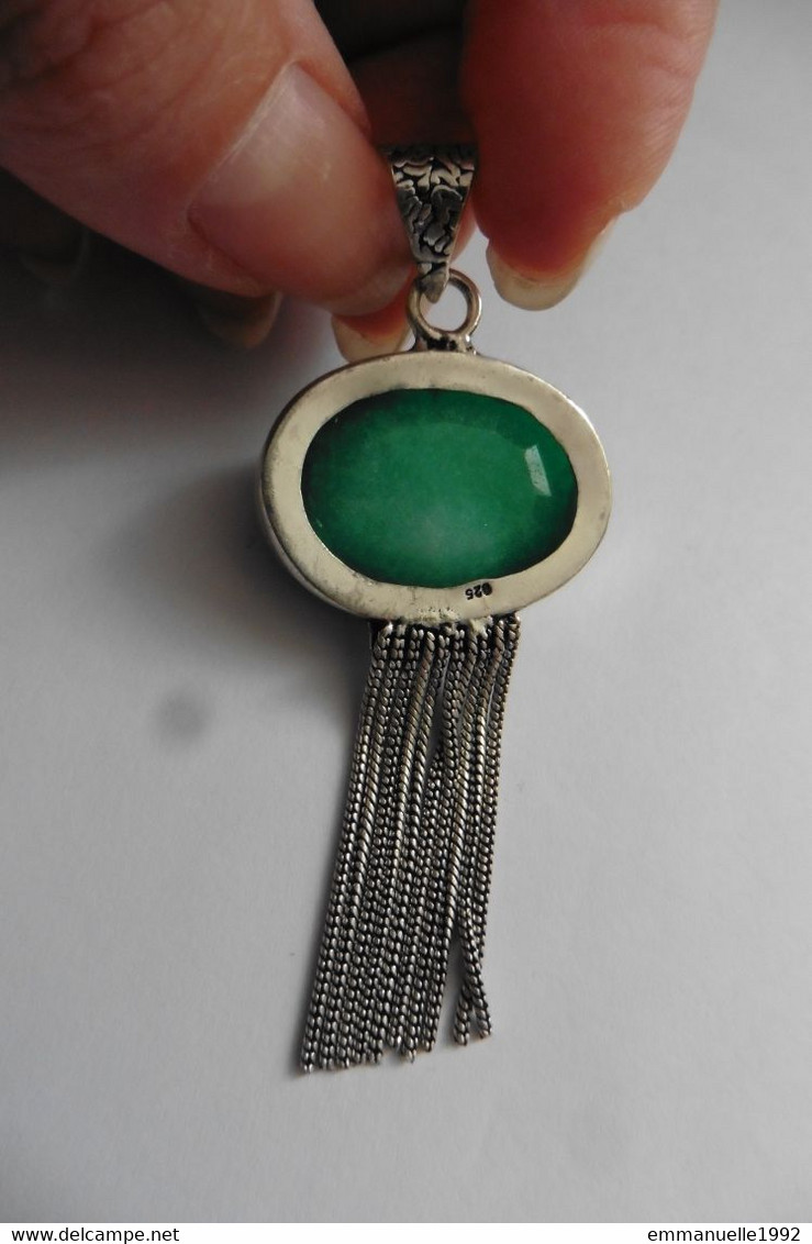 Neuf - Superbe Pendentif En Argent 925 Serti D'une Grosse émeraude Pompon En Chaînettes Art Deco - Pendants