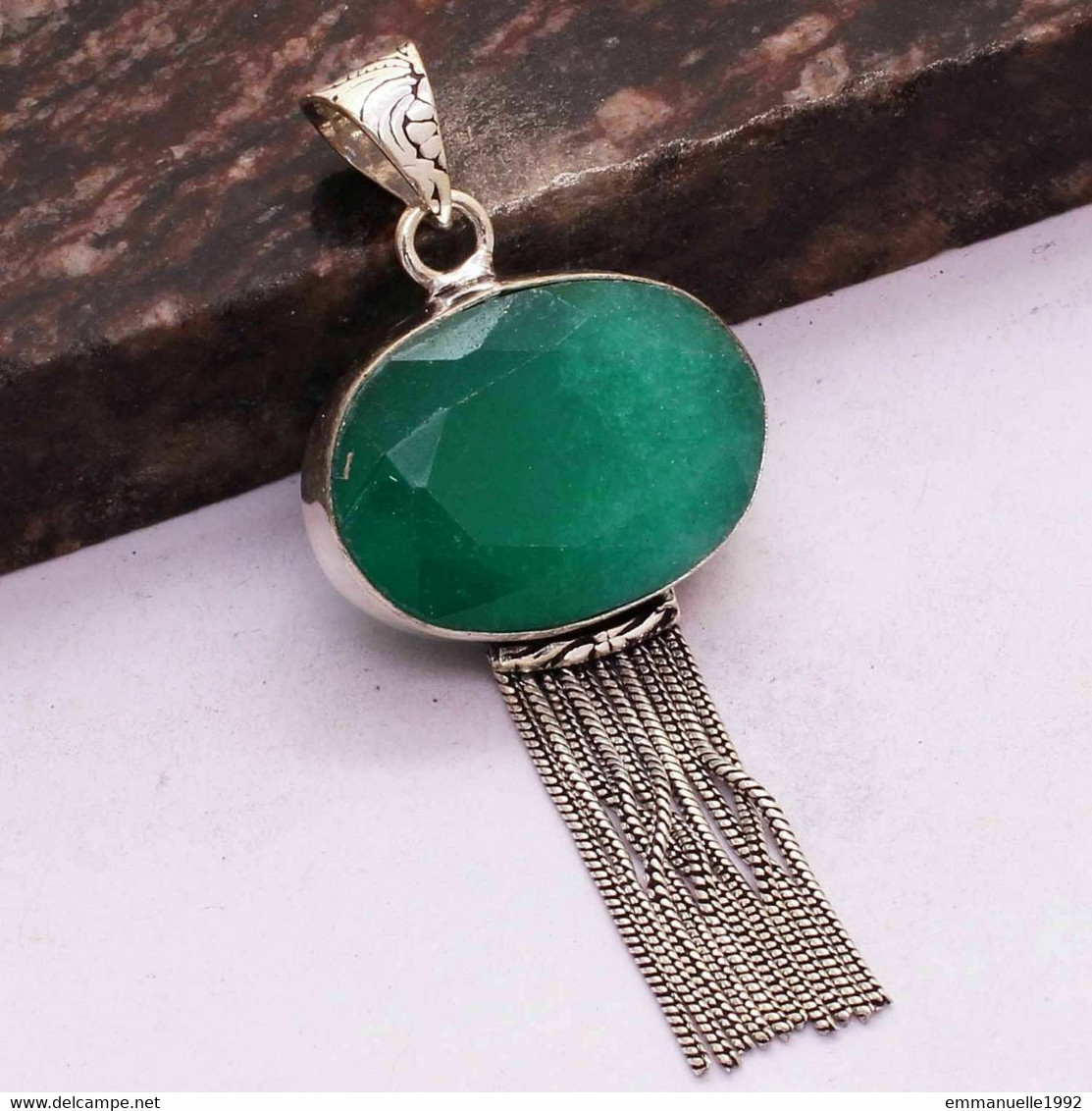 Neuf - Superbe Pendentif En Argent 925 Serti D'une Grosse émeraude Pompon En Chaînettes Art Deco - Pendants