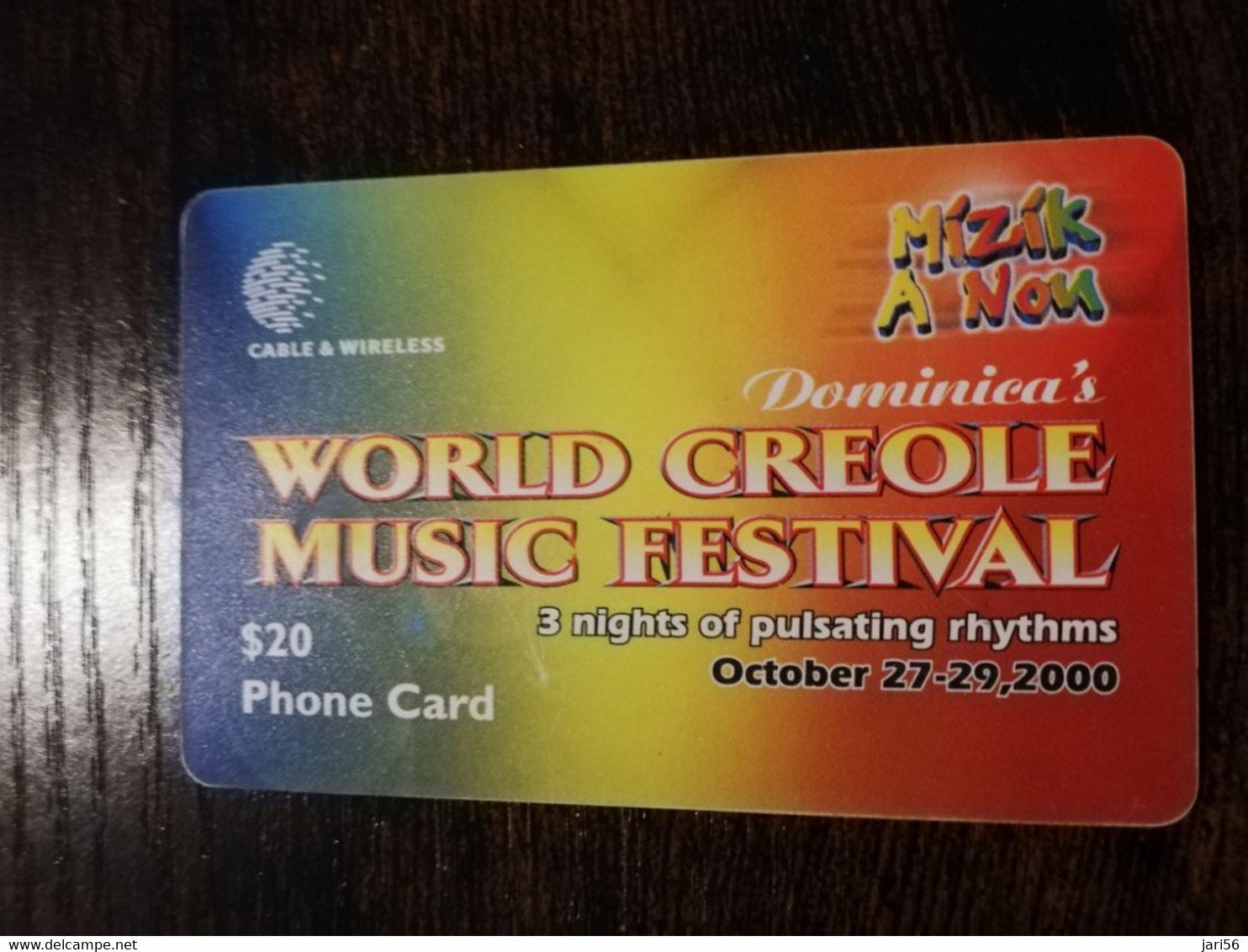 DOMINICA / $20 CHIPCARD  WORLD CREOLE MUSIC FESTIVAL 2000       Fine Used Card  ** 6865 ** - Dominica